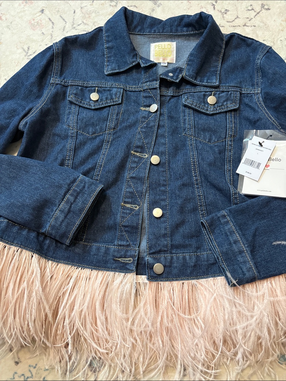 Women’s PELLO BELLO Denim Jacket with Pink Feather Trim. New! Size L. $198.00